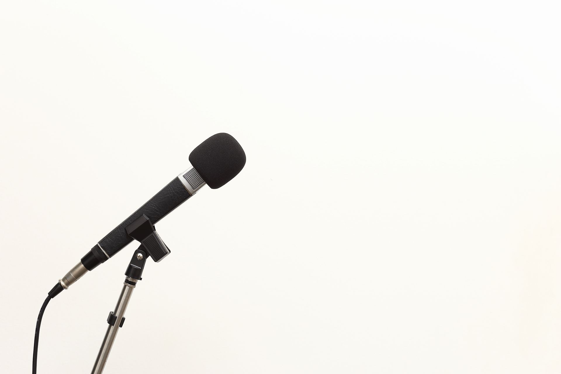 The wired microphone with stand isolated on white background.